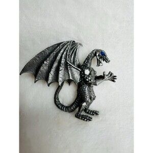 Pewter DRAGON Wings & Blue Sapphire Crystal Eyes Rawcliffe Made In USA Stamped